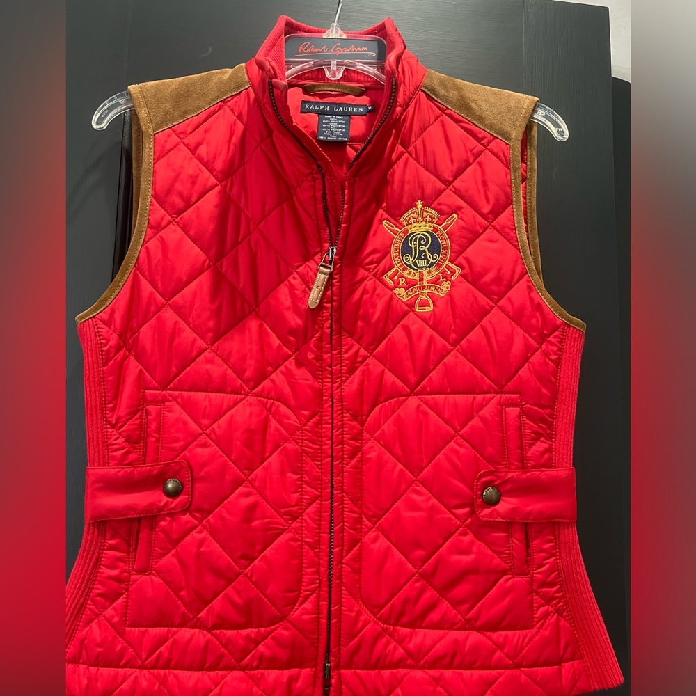 Ralph Lauren Sport M Red Quilted Vest Gilet Equestrian Riding Polo Calf Suede